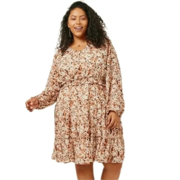 Hayden L.A. Floral Boho Smocked Waist Dress, Brown/ White, US Women's 1X - Picture 1 of 7